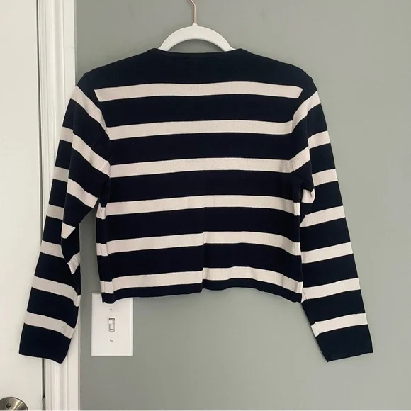 Liz Claiborne Cropped Navy Blue White Striped Nautical Inspired Button Cardigan - Picture 6 of 11